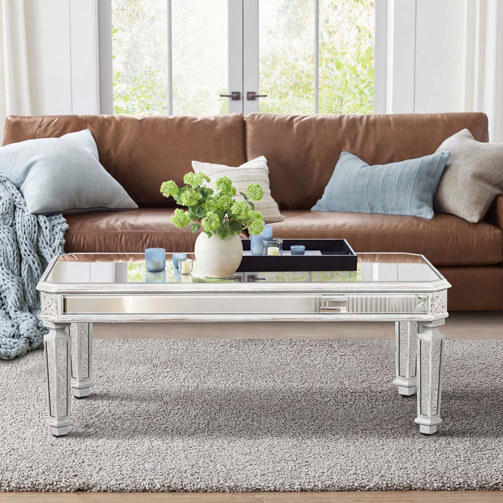 Ophelia &amp; Co. Silver Mirrored Coffee Table, Vintage Carved Wooden ...